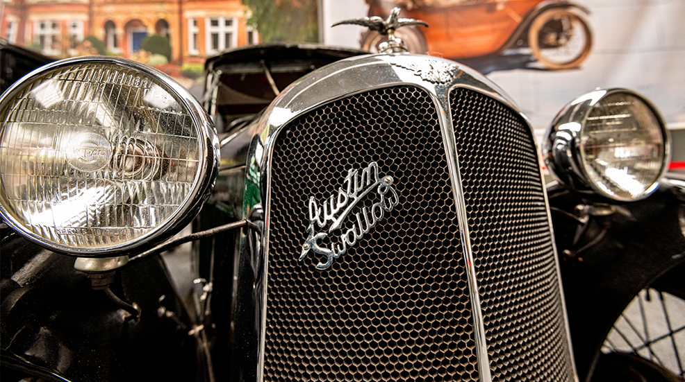 Close up of a classic car at the Great British Car Journey museum